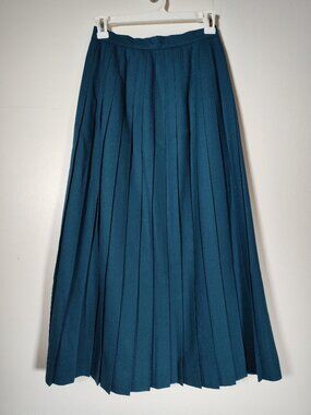 Vintage teal blue wool pleated midi skirt XS